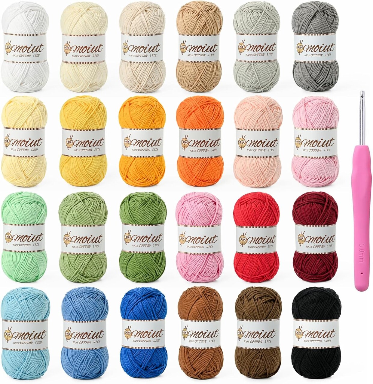 24-Pack 100% Milk Cotton Yarn Set – 1200g / 3150yd Total, Soft & Fuzzy 5-Ply Cotton for Crocheting, Amigurumi, Baby Clothes, DIY Crafts (Includes 3mm Crochet Hook, Set A)